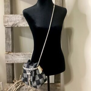 NWT Black Checkered Denim Crossbody/Shoulder Bucket Bag with Removable Chain